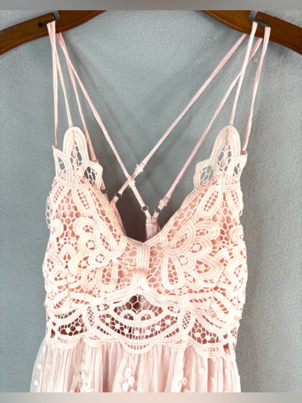 Main Strip M Balletcore Romance Etherial Blush Lace Maxi Dress with Strappy Back - Picture 3 of 10